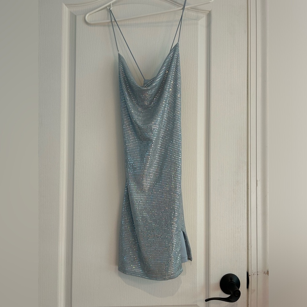 Sequin embellished cowl-neck bodycon dress light blue spaghetti straps